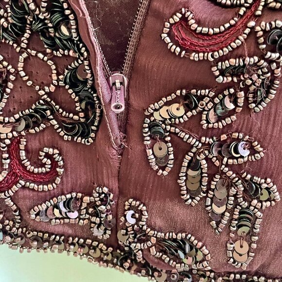 Adrianna Papell Vintage Silk Beaded Top Burgundy Red Petite 10 Short Sleeve Luxe - Picture 12 of 15